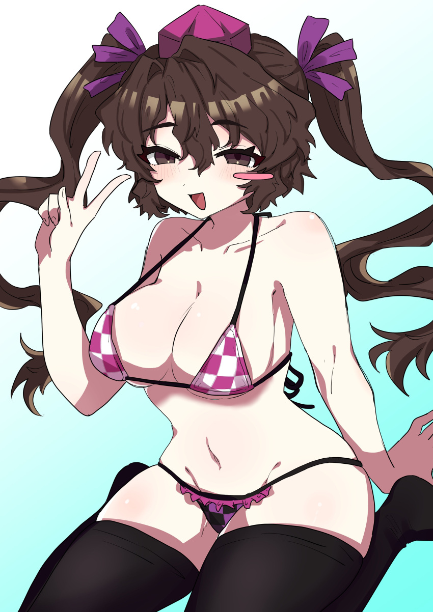 absurdres bikini black_thighhighs blue_background blush blush_stickers bow breasts brown_eyes brown_hair checkered_bikini checkered_clothes cleavage collarbone commentary_request commission female gradient_background hair_between_eyes hairbow hat highres himekaidou_hatate large_breasts long_hair looking_at_viewer navel open_mouth oyatu_yatu purple_bikini purple_bow purple_hat seiza single_blush_sticker sitting solo swimsuit thighhighs tokin_hat touhou twintails v white_background