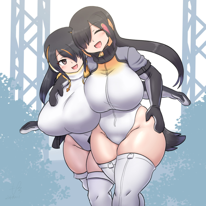 2girls bird_tail black_hair blush breasts brown_eyes elbow_gloves emperor_penguin_(kemono_friends) gloves hair_over_one_eye highleg highleg_leotard highres hood hoodie huge_breasts jacket kemono_friends kemono_friends_3 king_penguin_(kemono_friends) leotard long_hair mo23 multicolored_hair multiple_girls open_mouth orange_hair penguin_girl penguin_tail print_hood short_hair smile streaked_hair tail thighhighs white_leotard white_thighhighs zipper zipper_legwear zipper_pull_tab