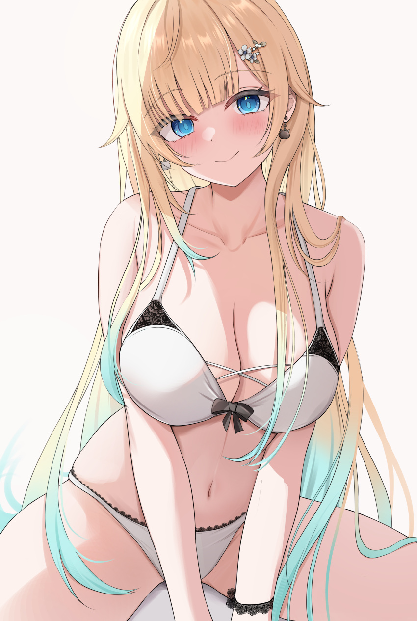 7nopi absurdres aizawa_ema bikini blonde_hair blue_eyes blue_hair blunt_bangs blush bow bow_bikini breasts cat_earrings cleavage commentary cross-laced_bikini cross-laced_clothes earrings female flower gradient_hair hair_flaps hair_flower hair_ornament head_tilt highres jewelry lace-trimmed_bikini lace_trim large_breasts long_hair looking_at_viewer multicolored_hair navel simple_background sitting smile solo spread_legs swimsuit v_arms very_long_hair virtual_youtuber vspo! white_background white_bikini wristband