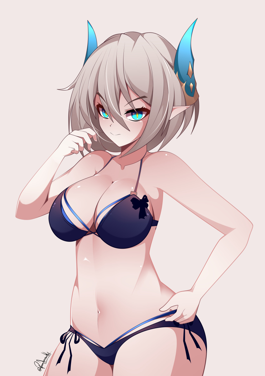 absurdres artist_name bikini black_bikini blue_eyes breasts dragon_girl dragon_horns female grand_chase grey_hair highres horns medium_breasts medium_hair navel pointy_ears radal side-tie_bikini_bottom signature swimsuit tiamat_(grand_chase) white_background yellow_pupils