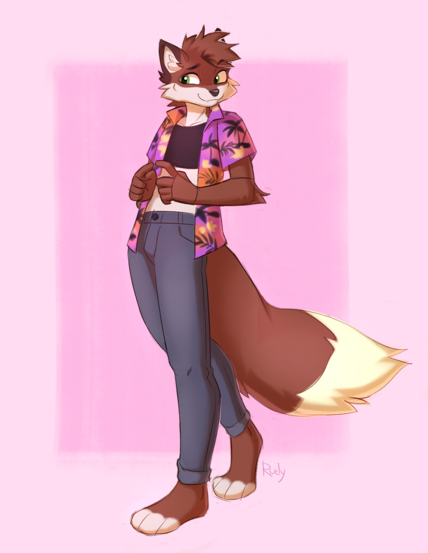 absurd_res aloha_shirt ambiguous_gender anthro arctic_fox arm_tuft bare_stomach bottomwear brown_body brown_fur canid canine cheek_tuft clothing crop_top cross_fox denim denim_bottomwear denim_clothing dipstick_ears dipstick_tail doppelfoxx ear_markings ear_tuft elbow_tuft facial_tuft fingers_together fox fur green_eyes head_tuft hi_res jeans leg_markings looking_at_another mammal markings multicolored_ears nervous_smile pants pattern_clothing pattern_shirt pattern_topwear red_fox ruddi shirt shy socks_(marking) solo tail tail_markings topwear true_fox tuft yaxley_warrick_(doppelfoxx)