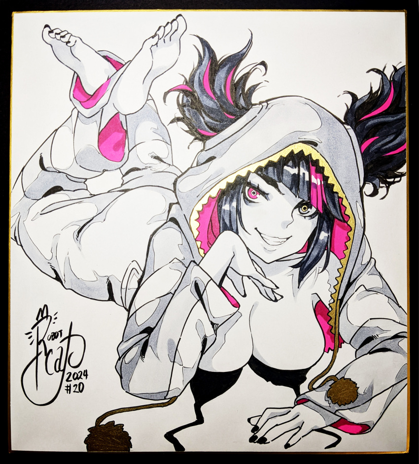 black_hair bra female heterochromia highres juri_han limited_palette lying multicolored_hair on_stomach onesie open_bra photo_(medium) pink_eyes pink_hair robot_cat_(robotcatart) shikishi simple_background solo street_fighter street_fighter_6 traditional_media twintails two-tone_hair underwear white_background