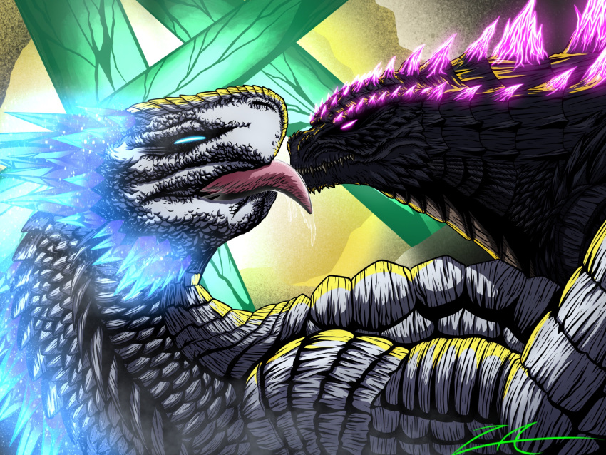 blue_crystal blue_eyes crystal duo female feral glowing glowing_eyes godzilla godzilla_(series) green_crystal grey_body hi_res kaiju licking lying male male/female monster monsterverse nuzzling on_back on_top sex shimo_(kaiju) spikes spikes_(anatomy) toho tongue underground white_body znackyartz