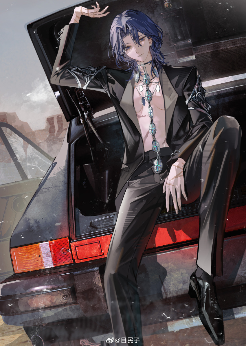 absurdres bad_source black_footwear black_jacket black_pants blue_hair breasts car dress_shoes female highres jacket jewelry long_hair looking_at_viewer motor_vehicle necklace no_bra open_clothes open_jacket original pants scar sitting sleepless_(wrysmile) solo