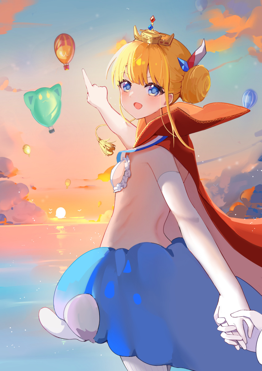 1other absurdres aircraft azur_lane blonde_hair cape chinese_commentary dhy-232 double_bun elbow_gloves evening female french_flag gloves hair_bun highres hot_air_balloon le_triomphant_(azur_lane) long_hair looking_at_viewer outdoors pointing red_cape single_glove striped_clothes striped_thighhighs sunset thighhighs tutu vertical-striped_clothes vertical-striped_thighhighs white_gloves white_thighhighs