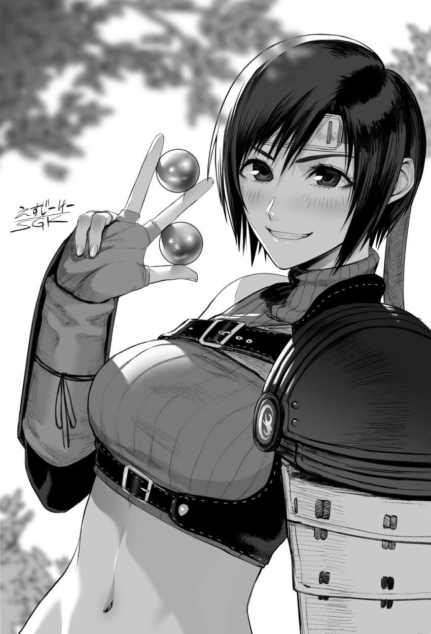 arm_at_side armor artist_name blurry blurry_background blurry_foreground blush branch breasts chest_harness commentary cropped_sweater depth_of_field elbow_gloves eyelashes female final_fantasy final_fantasy_vii final_fantasy_vii_remake fingerless_gloves forehead_protector gloves greyscale grin hand_up harness headband highres holding large_breasts looking_at_viewer materia midriff monochrome navel outdoors parted_lips pauldrons ribbed_sweater sgk short_hair shoulder_armor signature single_bare_shoulder single_pauldron sleeveless sleeveless_sweater sleeveless_turtleneck smile solo sweater toned_female translated tree turtleneck turtleneck_sweater upper_body v-shaped_eyebrows w yuffie_kisaragi