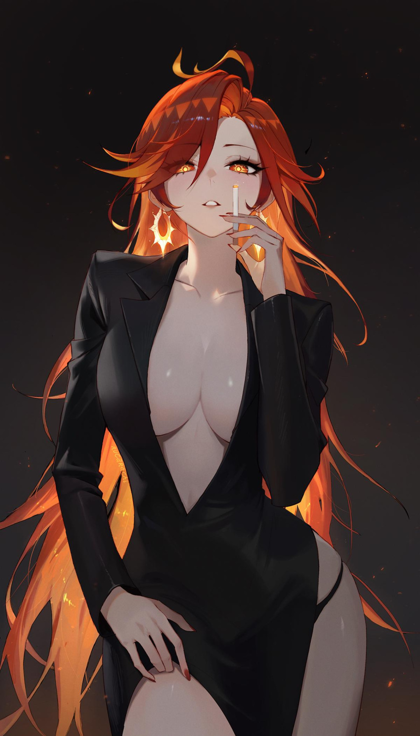 adjusting_clothes alternate_costume artist_name black_background black_jacket black_panties blazer breasts cigarette commentary cowboy_shot english_commentary eyes_visible_through_hair female fingernails genshin_impact hair_over_one_eye hand_up highres holding holding_cigarette jacket large_breasts long_fingernails long_hair looking_at_viewer mavuika_(genshin_impact) nail_polish no_bra no_shirt orange_eyes orange_hair orange_pupils panties panty_peek parted_lips partially_open_jacket red_nails rucarachi simple_background solo sparks sun_earrings sunburst_iris underwear very_long_hair