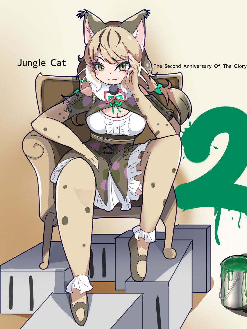 animal_ears anniversary belt camouflage cat_ears cat_girl chair elbow_gloves extra_ears female fingerless_gloves gloves green_eyes grey_hair highres jacket jungle_cat_(kemono_friends) kemono_friends kemono_friends_v_project kiryu_(rnrwbhybsxj4qgk) long_hair looking_at_viewer microphone ribbon shirt shoes skirt solo thighhighs twintails virtual_youtuber