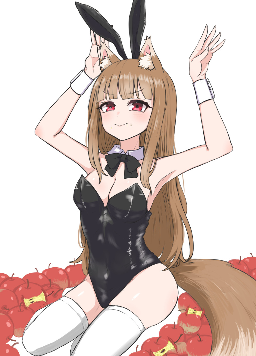 >:) absurdres akuma0320 alternate_costume animal_ear_fluff animal_ears apple arm_up armpits arms_up bitten_apple black_bow black_bowtie black_leotard blunt_bangs blush bow bowtie breasts bright_pupils brown_hair bunny_day cleavage closed_mouth commentary_request detached_collar eyelashes fake_animal_ears female food food_bite food_on_face fruit highleg highleg_leotard highres holo knees_out_of_frame leotard long_hair looking_at_viewer medium_breasts playboy_bunny rabbit_ears rabbit_pose red_eyes shiny_skin simple_background sitting smile solo spice_and_wolf straight_hair strapless strapless_leotard tail thighhighs thighs tsurime v-shaped_eyebrows very_long_hair white_background white_pupils white_thighhighs white_wrist_cuffs wolf_ears wolf_girl wolf_tail wrist_cuffs yokozuwari