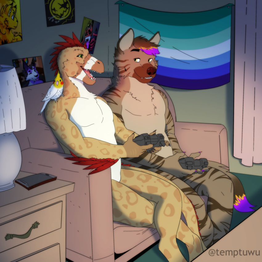 abajour anthro cellphone controller curtains deinonychus dinosaur dromaeosaurid duo electronics feathers flag fur furniture game_controller gaming hi_res hyena kaito_the_hyena lgbt_pride male male/male mammal multicolored_body multicolored_fur nude phone poster prehistoric_species pride_color_flag pride_colors reptile scalie sofa spots stripes temptedcube theropod vincian_pride_colors