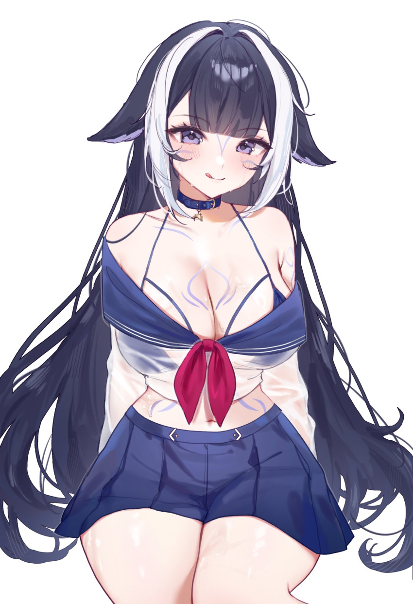 animal_ears bikini bikini_under_clothes black_hair blue_collar blunt_bangs blush body_markings breasts collar facial_mark female halterneck highres indie_virtual_youtuber large_breasts long_hair looking_at_viewer miyuchiq multicolored_hair orca_girl purple_eyes see-through_clothes see-through_shirt shirt shylily shylily_(1st_costume) sitting solo streaked_hair string_bikini swimsuit virtual_youtuber white_background white_hair