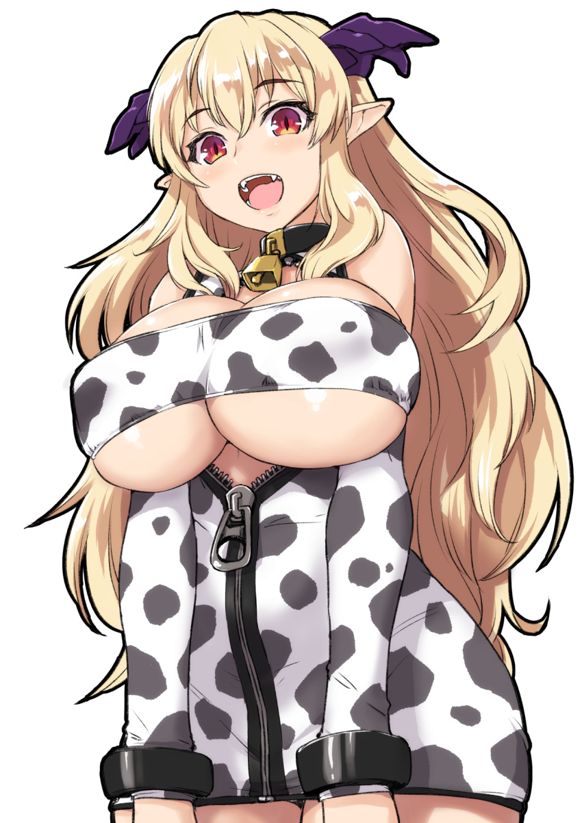 :d animal_collar animal_print bare_shoulders bell black_collar blonde_hair breasts cleavage collar covered_nipples cow_print cow_print_sleeves cowbell cowboy_shot detached_sleeves dress fangs female hair_between_eyes highres horns huge_breasts huge_nipples jyaco long_hair long_sleeves looking_at_viewer neck_bell open_mouth original partially_unzipped pointy_ears print_dress print_sleeves red_eyes short_dress sidelocks simple_background sleeveless sleeveless_dress slit_pupils smile solo strapless teeth tight_clothes tight_dress tongue tube_top underboob very_long_hair white_background wide_hips wristband zipper zipper_dress