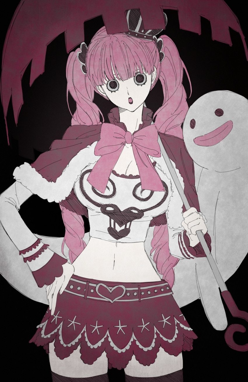 :o absurdres belt black_background black_eyes blunt_bangs bow breasts capelet cleavage cowboy_shot crop_top crown drill_hair female frilled_sleeves frills fur-trimmed_capelet fur_trim ghost hand_on_own_hip head_tilt heart heart_print highres holding holding_umbrella large_breasts legs_apart long_hair mini_crown miniskirt narrow_waist navel ndo_xtyk one_piece perona pink_bow pink_hair pink_umbrella red_capelet red_umbrella skindentation skirt sleeves_past_wrists smile solid_circle_eyes solo standing thighhighs twin_drills umbrella upside-down_eyelashes white_fur zettai_ryouiki