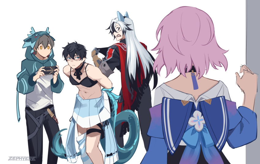 3boys animal_ears animal_hood black_hair blue_eyes boothill_(honkai:_star_rail) caelus_(honkai:_star_rail) cat_ears caught crossdressing dan_heng_(honkai:_star_rail) dragon_boy dragon_hood dragon_tail english_commentary fake_animal_ears female grey_hair highres honkai:_star_rail honkai_(series) hood long_hair looking_at_another march_7th_(honkai:_star_rail) multiple_boys pink_hair shrug_(clothing) tail trailblazer_(honkai:_star_rail) undressing white_background white_hair zephyere