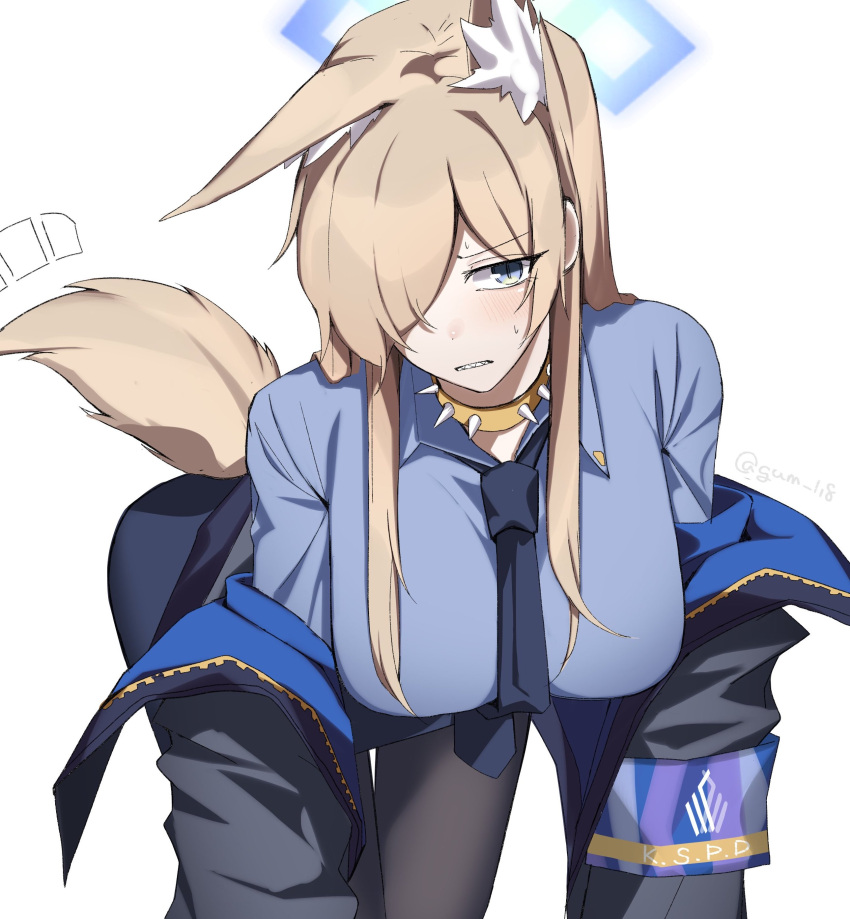 absurdres animal_ear_fluff animal_ears blonde_hair blue_archive blue_halo blue_necktie blue_shirt breasts collar collared_shirt dog_ears dog_girl dog_tail embarrassed female gunpuu halo highres jacket kanna_(blue_archive) large_breasts logo long_hair looking_at_viewer necktie notice_lines off_shoulder sharp_teeth shirt solo spiked_collar spikes sweat tail teeth twitter_username white_background