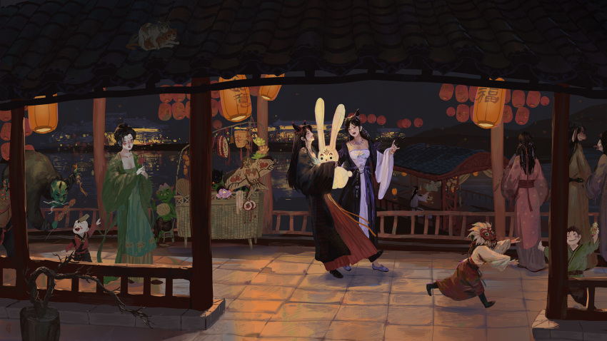 3boys 4girls black_eyes black_footwear black_hair black_pants blue_robe blush_stickers breasts chinese_clothes chinese_commentary chinese_hairpin cleavage commentary_request covered_face eyelashes facial_mark forehead_mark from_behind full_body green_hanfu hair_bun hanfu highres holding lantern lipstick long_hair long_sleeves makeup multiple_boys multiple_girls night open_mouth original pants paper_lantern pink_hanfu rabbit red_lips red_mask red_shirt robe running shirt shoes short_hair single_hair_bun sleeveless_robe smile square_neckline standing tile_floor tiles walking wide_sleeves zuozhibai