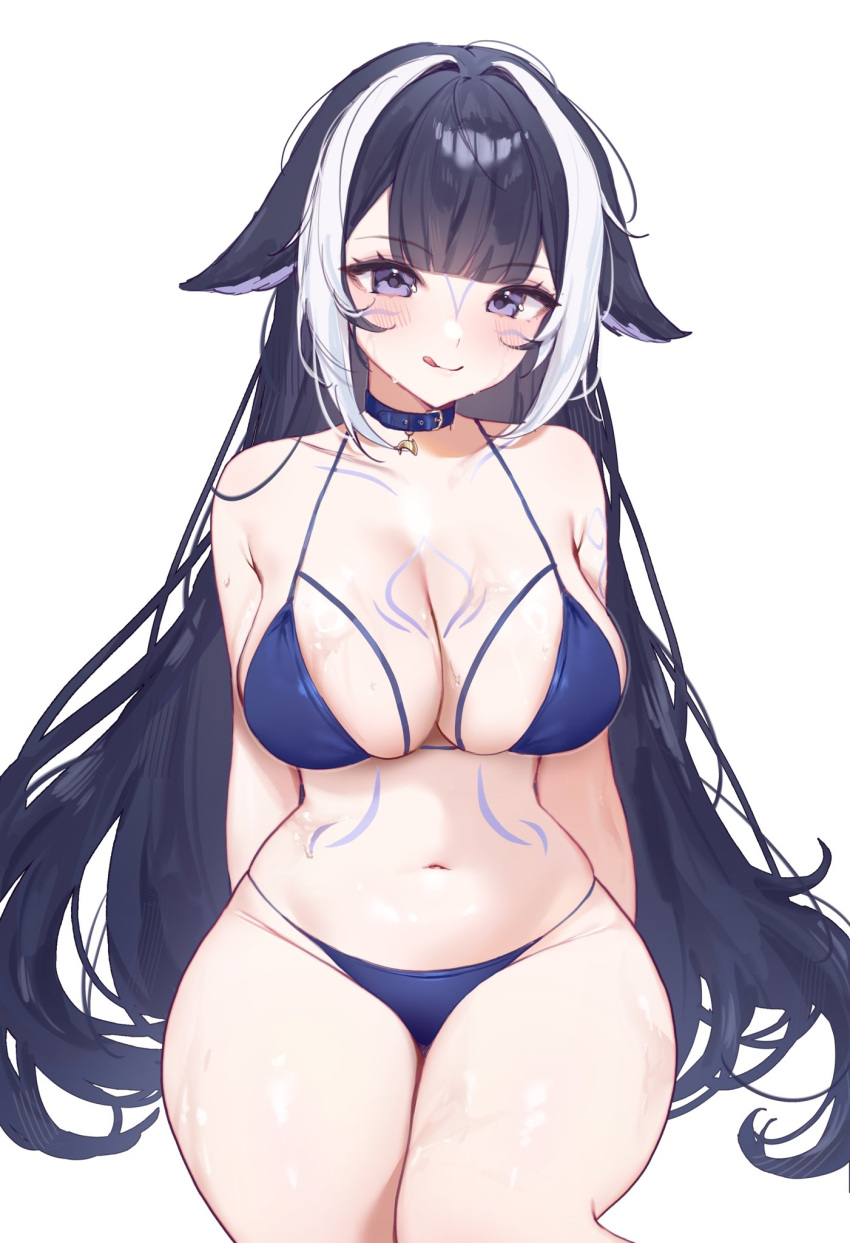 animal_ears bikini black_hair blue_bikini blue_collar blunt_bangs blush body_markings breasts collar facial_mark female halterneck highres indie_virtual_youtuber large_breasts long_hair looking_at_viewer miyuchiq multicolored_hair navel orca_girl purple_eyes shylily shylily_(bikini) sitting solo streaked_hair string_bikini swimsuit virtual_youtuber white_background white_hair