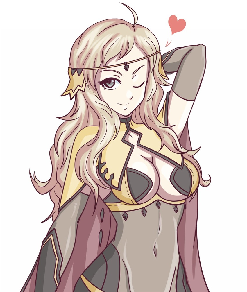 1girls belly_button blonde_hair breasts cleavage cleavage_cutout female female_only fire_emblem fire_emblem_fates grey_eyes hand_behind_head hayato_stuff heart long_hair medium_breasts ophelia_(fire_emblem) see-through smile teenager wink