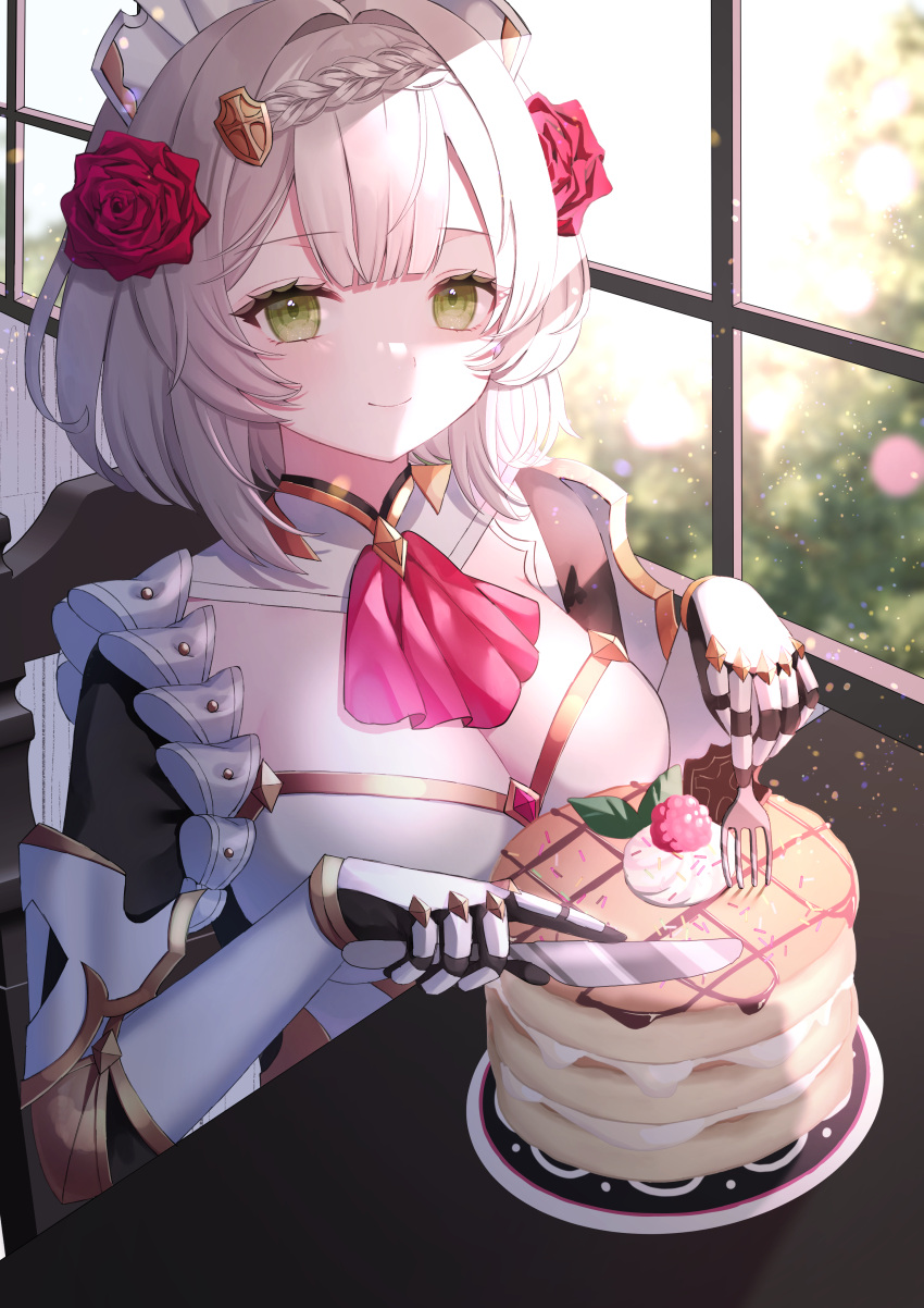 absurdres armor armored_dress ascot braid breasts commentary female flower food fork gauntlets genshin_impact green_eyes grey_hair hair_flower hair_ornament highres knife light_blush looking_at_viewer maid_headdress mochi_mochi052 noelle_(genshin_impact) pancake plate red_ascot smile solo window