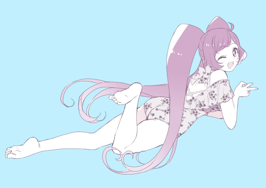 barefoot blush casual_one-piece_swimsuit commentary_request feet female floral_print legs limited_palette long_hair looking_at_viewer lying manaka_laala on_stomach one-piece_swimsuit one_eye_closed pretty_series pripara purple_eyes purple_hair ribbon rn10r sidelocks simple_background soles solo swimsuit toes twintails v very_long_hair