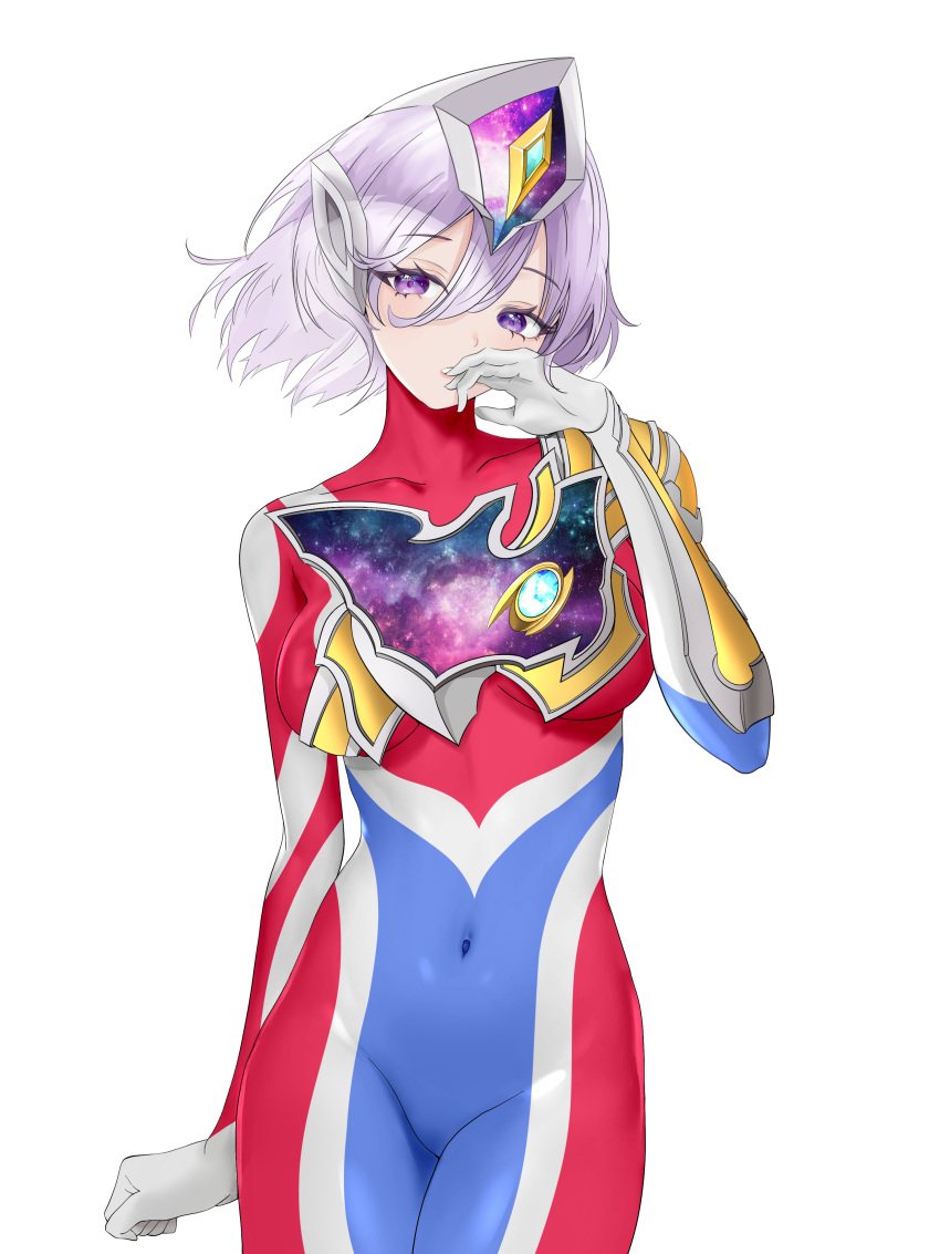 absurdres blue_bodysuit bodysuit breasts chinese_commentary clenched_hand covered_navel female flash_type_(ultraman) floating_hair genderswap_(mtf) gloves highres humanization looking_to_the_side medium_breasts multicolored_bodysuit multicolored_clothes purple_eyes purple_hair red_bodysuit rule_63 short_hair skin_tight solo ultra_series ultraman_decker ultraman_decker_(series) white_background white_gloves yi_(user_jwth4284)