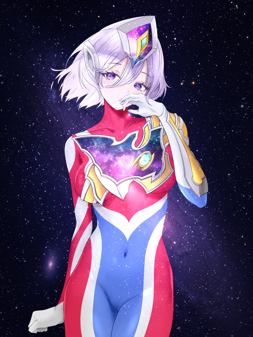 absurdres blue_bodysuit bodysuit breasts chinese_commentary clenched_hand covered_navel female flash_type_(ultraman) floating_hair genderswap_(mtf) gloves highres humanization looking_to_the_side medium_breasts multicolored_bodysuit multicolored_clothes purple_eyes purple_hair red_bodysuit rule_63 short_hair skin_tight solo space ultra_series ultraman_decker ultraman_decker_(series) white_gloves yi_(user_jwth4284)