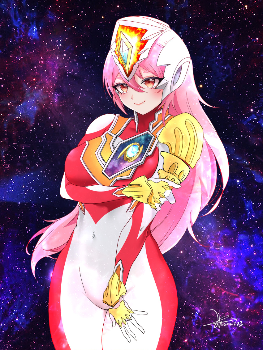 absurdres arm_under_breasts bodysuit chinese_commentary covered_navel fang_out female floating_hair genderswap_(mtf) hand_on_own_thigh helmet highres holding_own_arm humanization long_hair looking_ahead oerba_yun_fang pink_hair rule_63 smile solo space strong_type_(ultraman) tokusatsu ultra_series ultraman_decker ultraman_decker_(series) yi_(user_jwth4284)