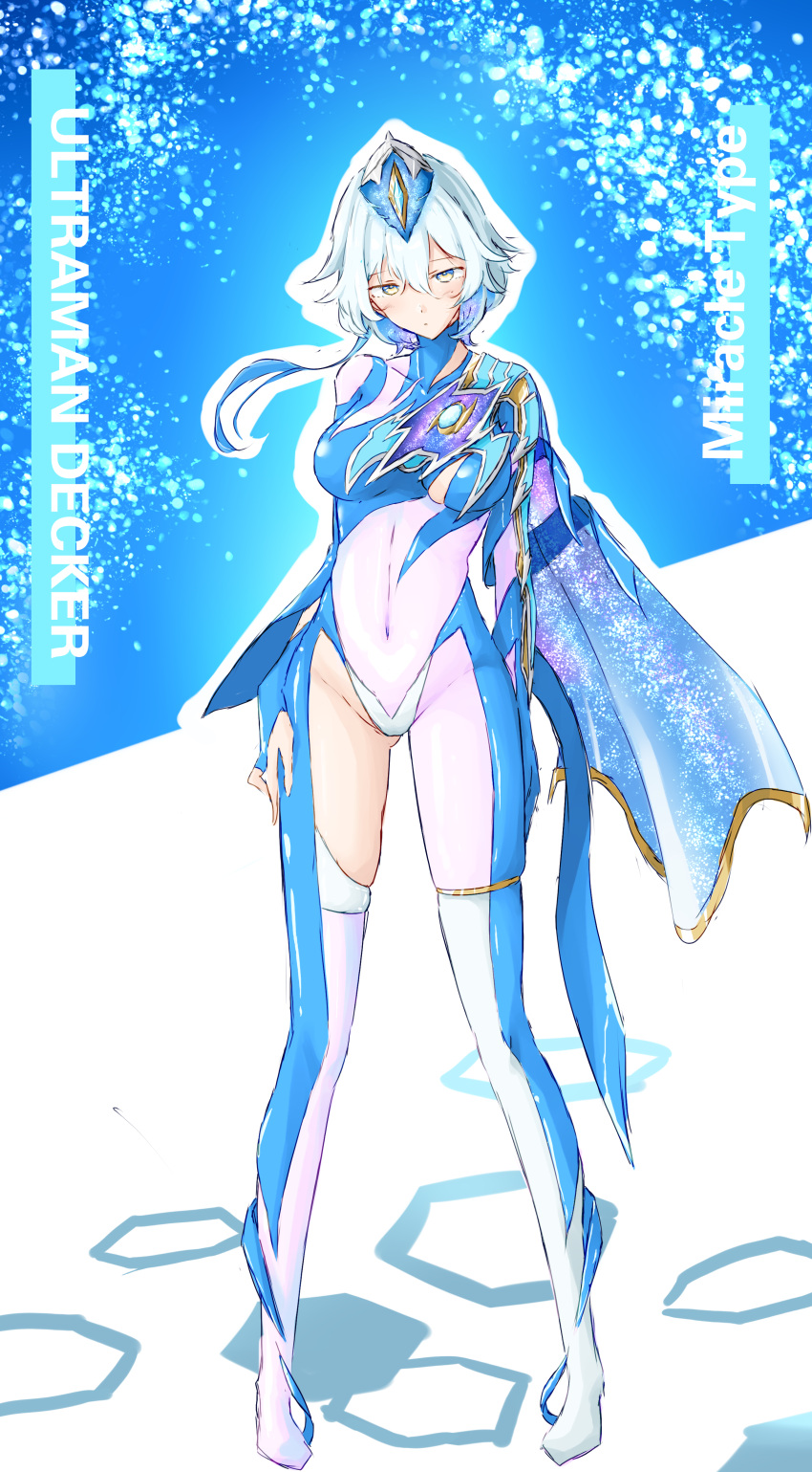 absurdres bad_id bad_pixiv_id blue_bodysuit blue_cape bodysuit cape covered_navel female genderswap_(mtf) grey_hair hand_on_own_thigh head_tilt highres humanization looking_at_viewer rule_63 short_hair_with_long_locks single_thighhigh skindentation solo space_print starry_sky_print t-hou thighhighs ultra_series ultraman_decker ultraman_decker_(series)