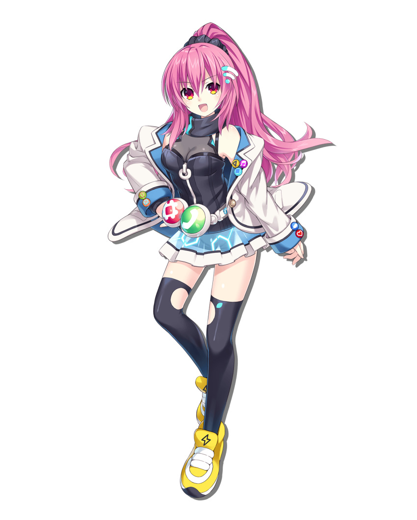 :d alpha_transparency artist_request badge belt black_scrunchie black_thighhighs black_vest blue_skirt button_badge choujigen_game_neptune_sisters_vs_sisters dot_nose drop_shadow female floating_hair full_body hair_ornament hand_on_own_hip heart heel_up highres jacket lightning_bolt_symbol long_hair long_sleeves looking_at_viewer maho_(neptunia) miniskirt musical_note neptune_(series) number_sign off_shoulder official_art open_clothes open_jacket open_mouth pink_hair ponytail red_eyes scrunchie second-party_source see-through see-through_skirt shoes simple_background skirt smile sneakers solo standing standing_on_one_leg tachi-e thighhighs transparent_background turtleneck vest white_belt white_jacket wi-fi_symbol yellow_footwear zettai_ryouiki zipper