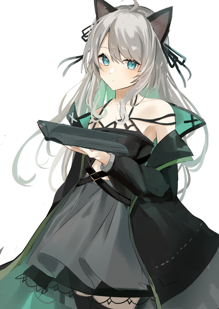 ahoge animal_ear_fluff animal_ears arknights azuazu_0405 bare_shoulders black_jacket black_ribbon blue_eyes book closed_mouth commentary_request female grey_hair grey_skirt hair_between_eyes hair_ribbon hand_up highres holding holding_book jacket long_hair long_sleeves looking_at_viewer mint_(arknights) mint_(elite_ii)_(arknights) off_shoulder open_book open_clothes open_jacket pleated_skirt puffy_long_sleeves puffy_sleeves ribbon simple_background skirt solo standing thighhighs very_long_hair white_background