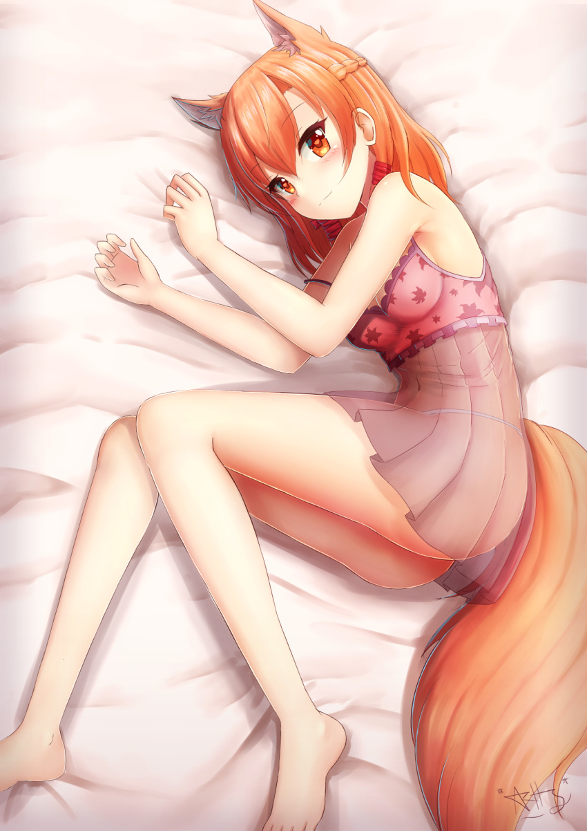 animal_ear_fluff animal_ears arms_up bare_arms bare_shoulders barefoot bed_sheet blush braid closed_mouth commentary commission english_commentary female fox_ears fox_girl fox_tail hair_between_eyes highres legs lingerie lying on_side orange_eyes orange_hair original panties prophosphere see-through signature smile solo tail underwear white_panties