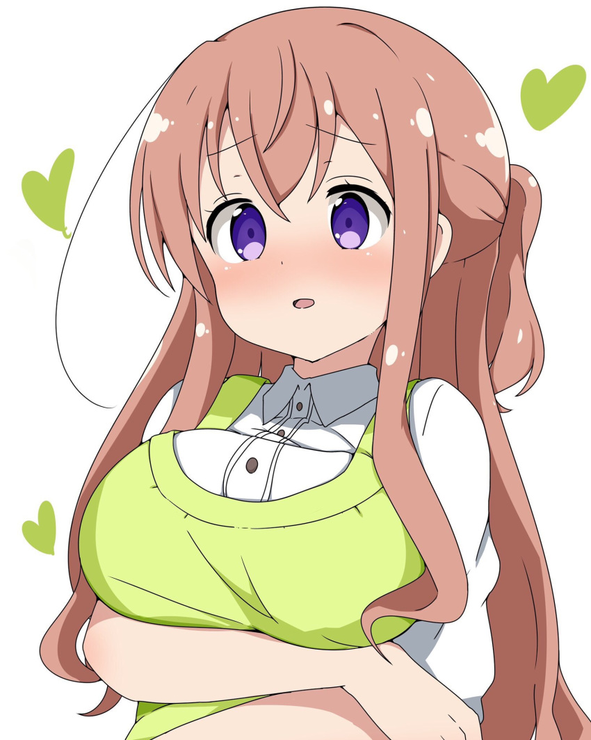 arm_under_breasts blush breast_hold breasts brown_hair commentary_request female gochuumon_wa_usagi_desu_ka? green_vest heart highres hoto_mocha large_breasts long_hair nose_blush open_mouth ponytail purple_eyes riyo_(aokiwazumi) shirt simple_background solo upper_body vest white_background white_shirt wing_collar