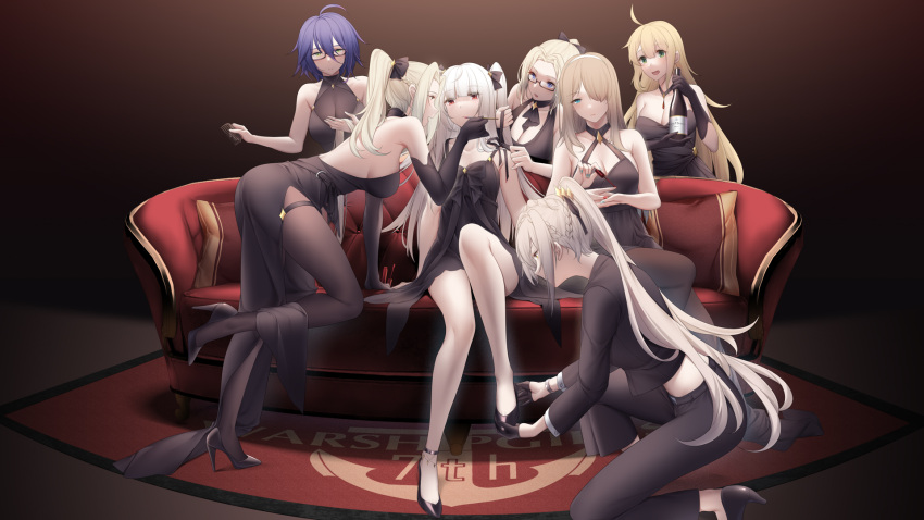 6+girls ahoge anklet applying_manicure bare_legs bennington_(cv-20)_(warship_girls_r) black-framed_eyewear black_dress black_footwear black_gloves black_jacket black_pants black_ribbon blonde_hair blue_eyes blue_hair bottle braid breasts brown_hair brown_pantyhose carpet cartonbox_(zhixiang_zhi) character_request chinese_commentary cleavage closed_mouth comb commentary couch cropped_jacket dress elbow_gloves essex_(warship_girls_r) fingernails gem glasses gloves green_eyes green_nails grey_hair hair_between_eyes hair_over_one_eye hair_ribbon hairband half_gloves hancock_(warship_girls_r) high_heels highres holding holding_another's_hair holding_bottle holding_comb jacket jewelry large_breasts lexington_(cv-16)_(warship_girls_r) long_hair long_sleeves looking_at_another medium_breasts missouri_(warship_girls_r) multiple_girls nail_polish necklace on_one_knee one_eye_covered open_mouth painting_fingernails pants pantyhose pillow ponytail red_eyes red_gemstone red_nails ribbon short_hair sidelocks sitting sleeveless sleeveless_dress ticonderoga_(warship_girls_r) two_side_up very_long_hair warship_girls_r watch white_hair white_hairband wristwatch yellow_eyes