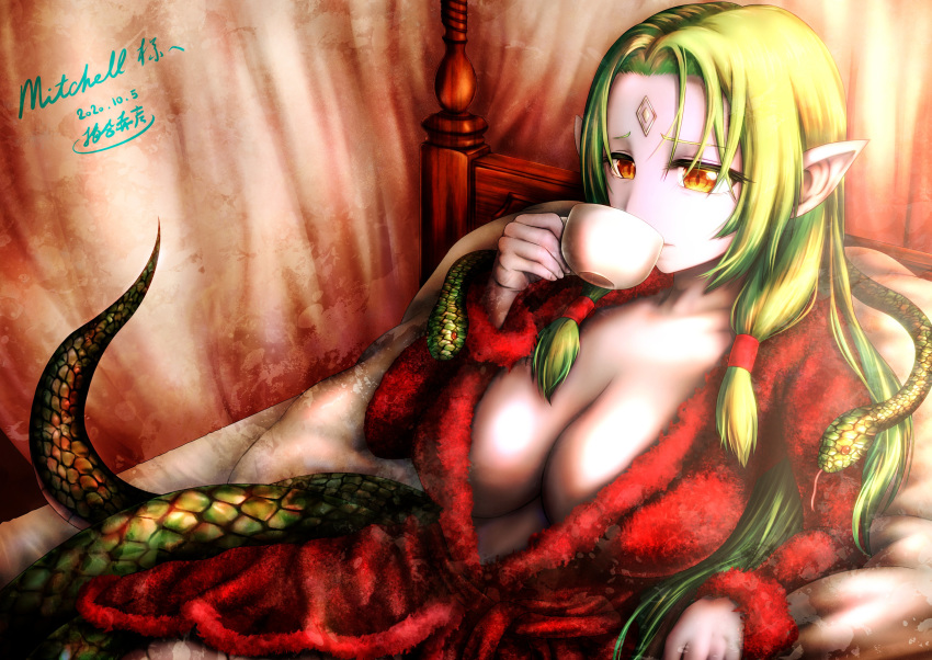 absurdres aiou_akahiko bad_id bad_twitter_id bed breasts cleavage commentary_request commission cup dated drinking echidna_(monster_girl_encyclopedia) female hair_tubes highres holding holding_cup inactive_account lamia large_breasts long_hair looking_to_the_side monster_girl monster_girl_encyclopedia on_bed orange_eyes pale_skin pointy_ears scales skeb_commission snake solo