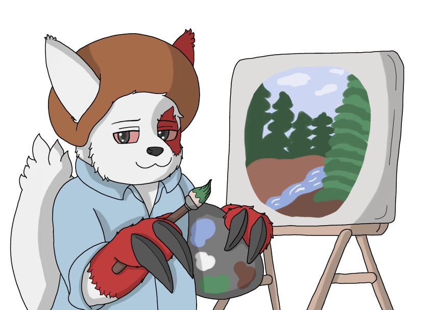 absurd_res afro alpha_channel black_eyes bob_ross brush canvas claws clothing darknetic feral fur generation_3_pokemon hi_res male nintendo painting pokemon pokemon_(species) red_body red_fur red_sclera shirt solo topwear white_body white_fur wood zangoose zangtober_2020