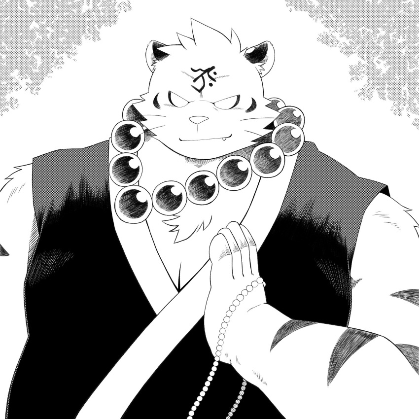 1:1 2022 anthro asian_clothing benkei_(the_spicy_ninja_scrolls) biped clothing cute_fangs east_asian_clothing felid hi_res homohomofever humanoid_hands japanese_clothing kemono male mammal monochrome overweight overweight_male pantherine solo the_spicy_ninja_scrolls tiger