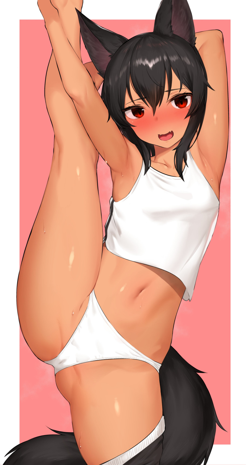 absurdres animal_ears arm_behind_head armpits bad_id bad_twitter_id black_hair blush breasts crop_top crop_top_overhang fangs female hair_between_eyes highres kneepits mathew_(srmmk_mce) midriff navel oerba_yun_fang open_mouth original panties red_eyes shirt skin_fang small_breasts solo split standing standing_on_one_leg standing_split tail underwear white_panties white_shirt