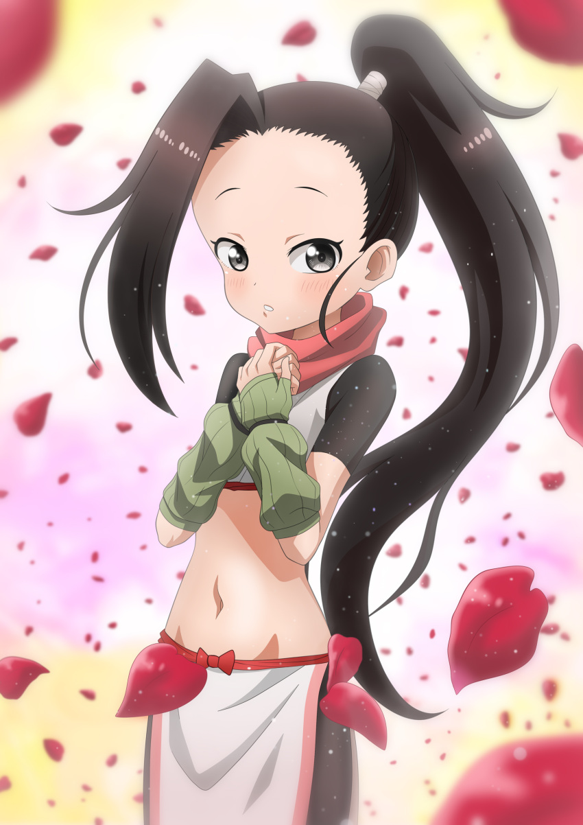 absurdres bad_id bad_pixiv_id black_eyes black_hair black_shorts blush brown_eyes crop_top female fingerless_gloves forehead gloves green_gloves groin high_ponytail highres kunoichi_tsubaki_no_mune_no_uchi long_hair midriff navel ninja official_art pelvic_curtain petals red_scarf riokasen scarf short_sleeves shorts tsubaki_(kunoichi_tsubaki_no_mune_no_uchi)