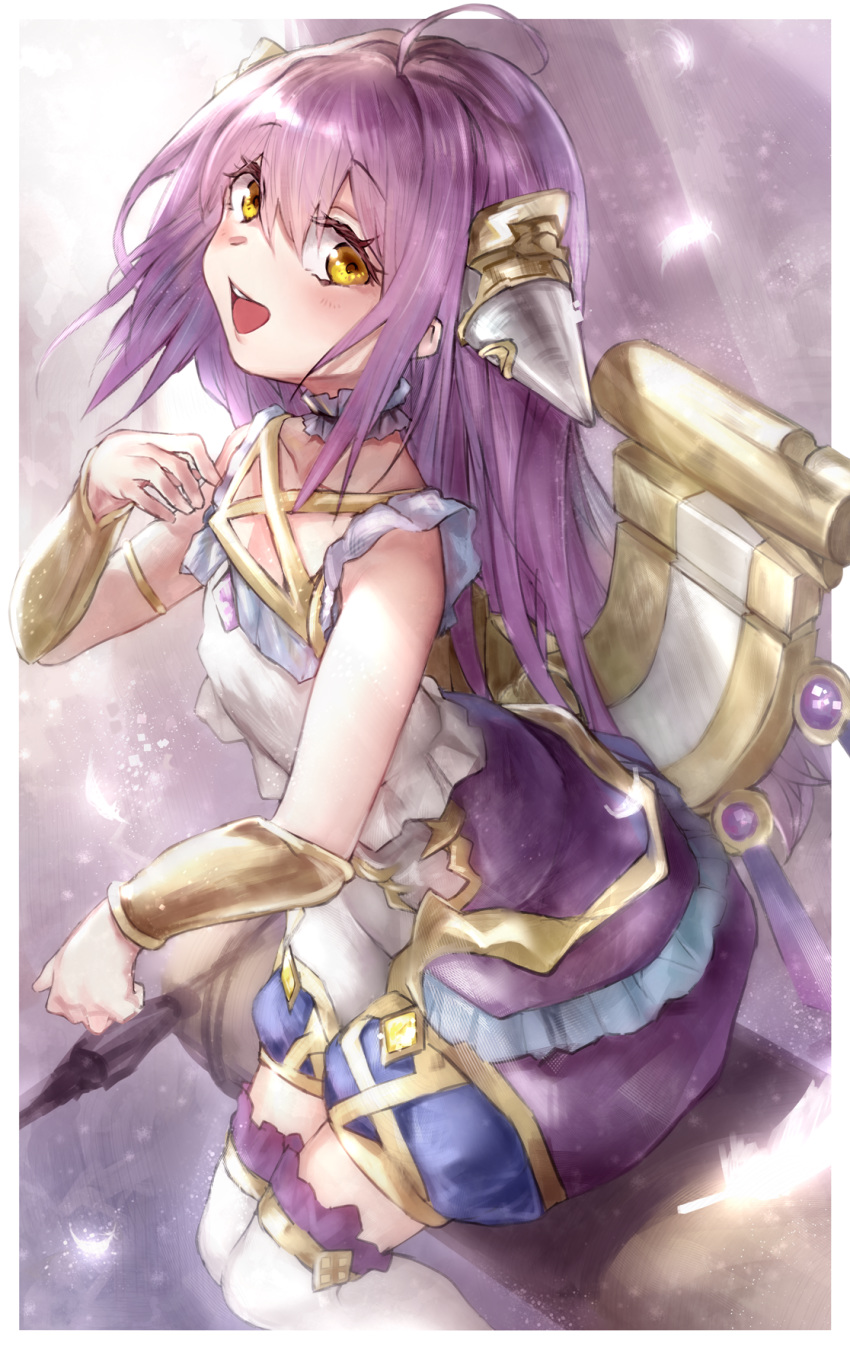 aenea_(shadowverse) ahoge bad_id bad_pixiv_id blush catumi_(ta938_ka23) female hair_between_eyes headpiece highres long_hair open_mouth puffy_shorts purple_hair shadowverse shorts sitting sleeveless solo thighhighs white_thighhighs yellow_eyes