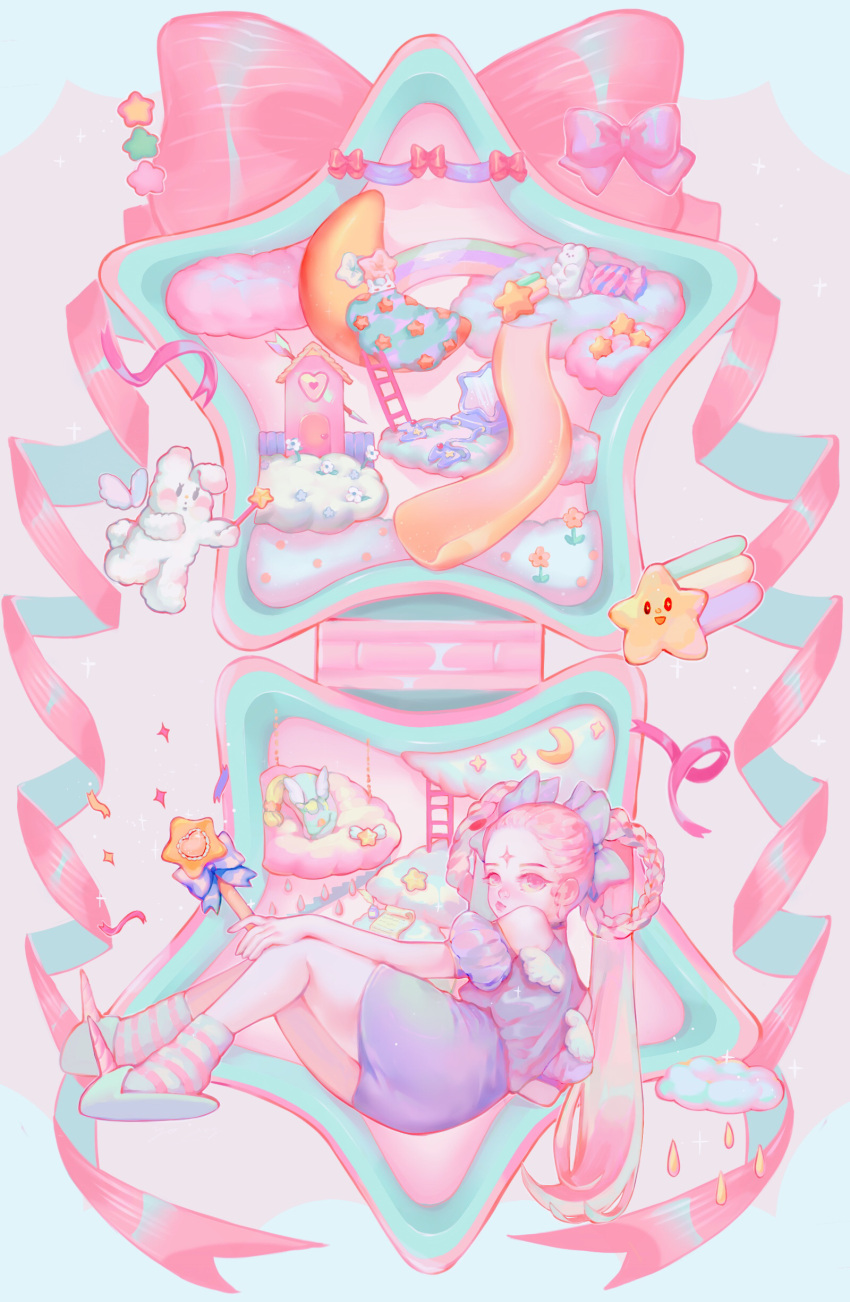 absurdres ass birdhouse blush bow braid candy cherub clothing_cutout cloud comeonyk commentary confetti doll dreaming dress fantasy female flower food gummy_bear hairbow highres holding holding_wand ladder lying magical_girl mini_person mini_wings minigirl miniskirt moon original pale_skin pastel_colors pink_clouds pink_eyes pink_hair playground polly_pocket purple_dress rabbit rainbow ribbon shooting_star shoulder_cutout simple_background sitting skirt slide slippers socks sparkle star_(symbol) striped_clothes striped_socks toy twin_braids twintails wand water_drop wings wrapped_candy