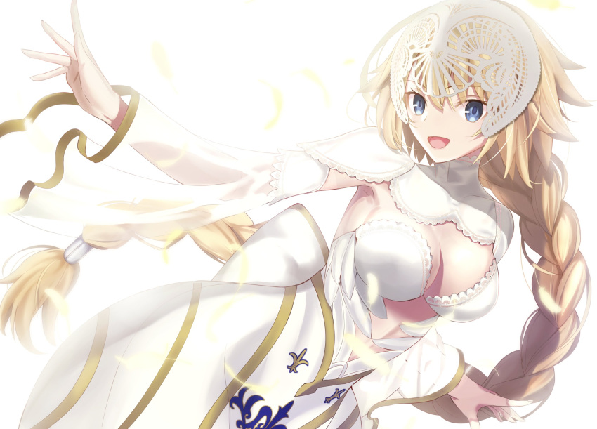 bandages blue_eyes braid braided_ponytail breasts dress eyebrows_hidden_by_hair fate/apocrypha fate/grand_order fate_(series) female hair_between_eyes headpiece highres jeanne_d'arc_(fate) jeanne_d'arc_(lostroom_outfit)_(fate) long_hair looking_at_viewer neko_daruma open_mouth smile solo white_background