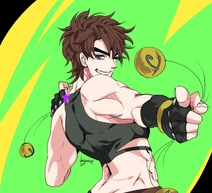 1boy abs battle_tendency birthmark bola_(weapon) brown_hair crop_top fingerless_gloves from_behind gloves green_eyes grin joestar_birthmark jojo_no_kimyou_na_bouken joseph_joestar joseph_joestar_(young) kogatarou looking_at_viewer male_focus midriff narrow_waist one_eye_closed pointing smile solo tight_top