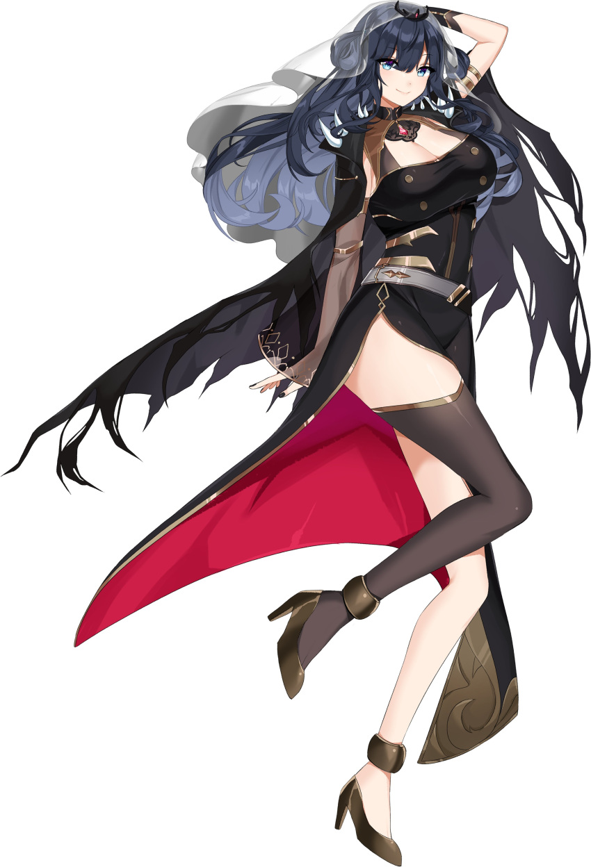 absurdres amano_nene_(vtuber) arm_strap black_cape black_dress black_footwear blue_eyes blue_hair bracer breasts cape cleavage cleavage_cutout clothing_cutout commission cosplay detached_sleeves dress english_commentary female floating_hair head_tilt high_heels highres hololive hololive_english large_breasts long_hair looking_at_viewer maya_(vtuber)_(artist) mori_calliope mori_calliope_(cosplay) production_kawaii second-party_source single_detached_sleeve single_thighhigh smile solo spikes thighhighs tiara veil virtual_youtuber