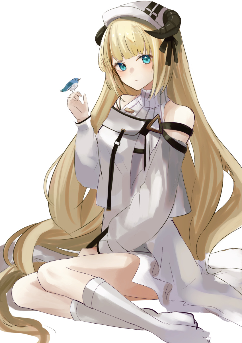 animal animal_on_hand arknights azuazu_0405 bare_shoulders bird blonde_hair blue_eyes closed_mouth commentary_request dress female hand_up highres horns horns_through_headwear long_hair long_sleeves nightingale_(arknights) no_shoes puffy_long_sleeves puffy_sleeves simple_background sitting socks solo very_long_hair white_background white_dress white_headwear yokozuwari