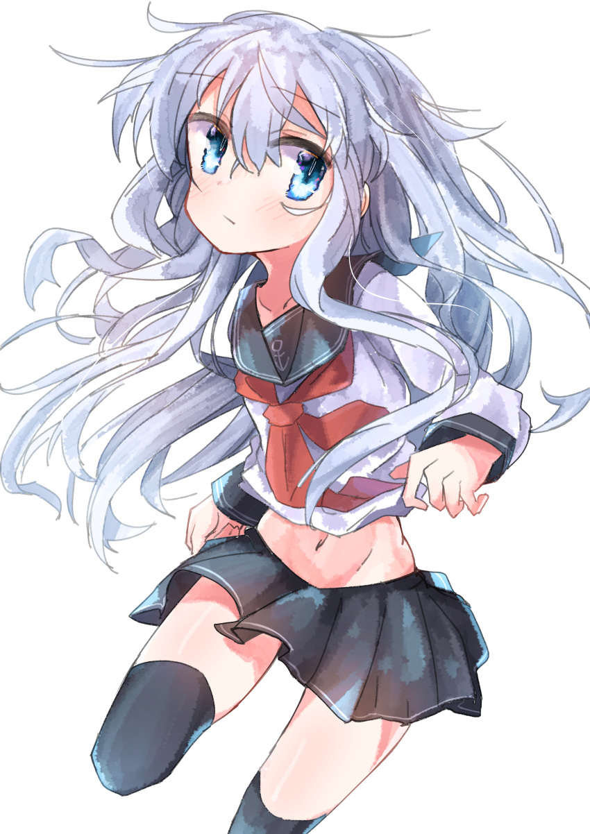 :/ absurdres anchor_symbol blush collarbone female grey_hair groin hair_between_eyes hibiki_(kancolle) highres kantai_collection light_blush long_hair long_sleeves looking_at_viewer loose_skirt love_handles midriff navel neckerchief pleated_skirt rotroto school_uniform serafuku simple_background skirt solo thighhighs white_background