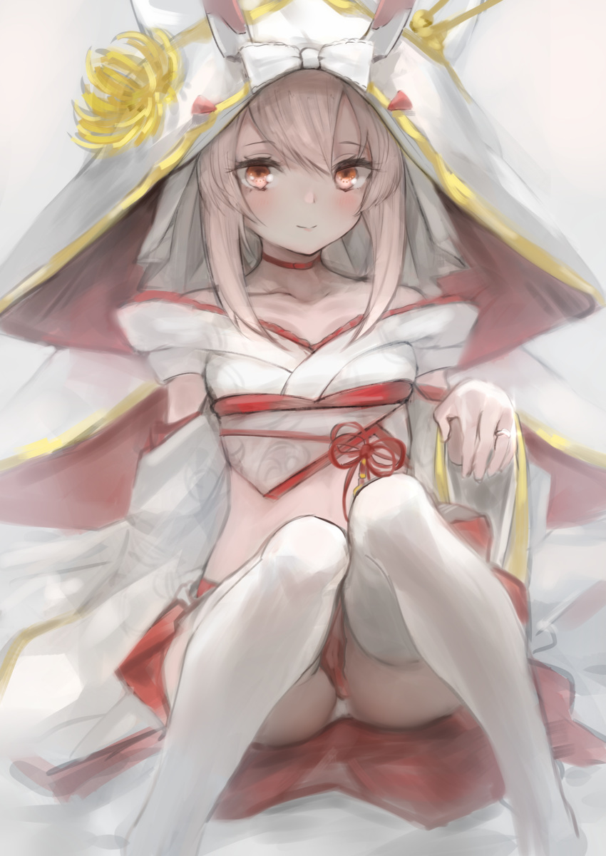 absurdres ayanami_(azur_lane) ayanami_(demon's_finest_dress)_(azur_lane) azur_lane bad_id bad_pixiv_id blush bridal_veil brown_eyes catumi_(ta938_ka23) choker closed_mouth detached_sleeves female highres jewelry knees_together_feet_apart light_brown_hair long_sleeves looking_at_viewer midriff official_alternate_costume ornate_ring panties pantyshot red_choker ring sidelocks sitting smile solo thighhighs underwear veil wedding_ring white_panties white_thighhighs wide_sleeves