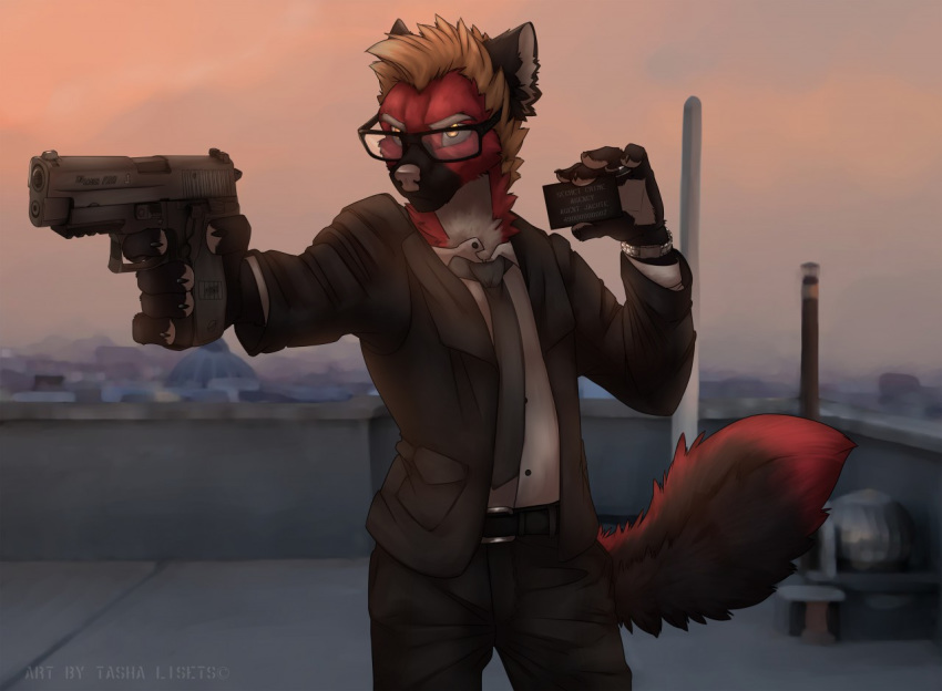 anthro black_body black_fur brown_hair canid canine canis card claws clothed clothing detailed_background eyewear fluffy fluffy_tail fur glasses gun hair handgun holding_object holding_weapon male mammal multicolored_body multicolored_fur necktie pistol ranged_weapon red_body red_fur solo tail tashalisets weapon white_body white_fur wolf yellow_eyes