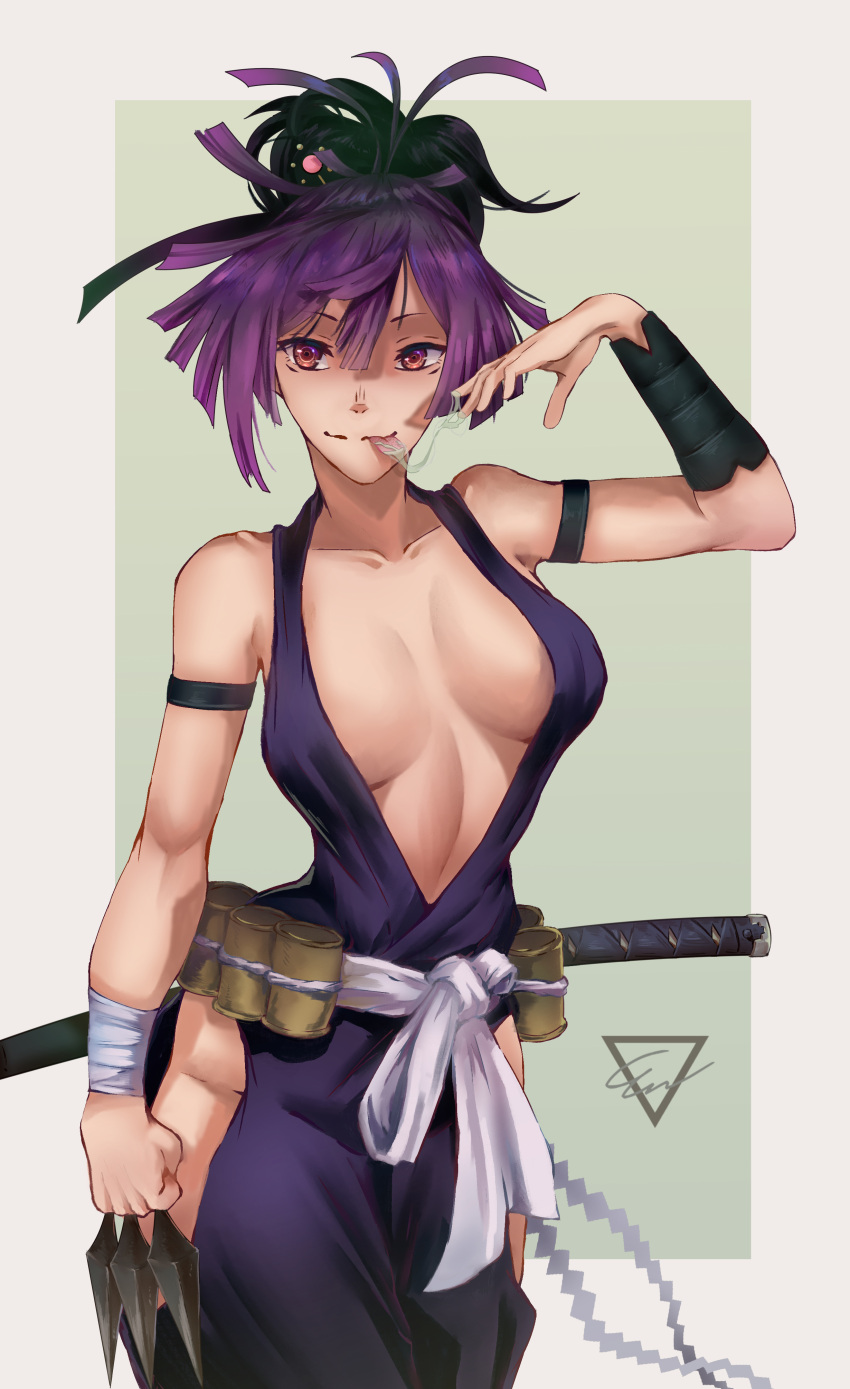 :p absurdres bare_shoulders breasts breasts_apart cowboy_shot dress ethan_wylie female hair_between_eyes hand_up highres holding holding_weapon jigokuraku katana kunai looking_at_viewer medium_breasts ninja no_bra purple_dress purple_eyes purple_hair side_slit sleeveless sleeveless_dress solo sword sword_on_back tongue tongue_out weapon weapon_on_back yuzuriha_(jigokuraku)