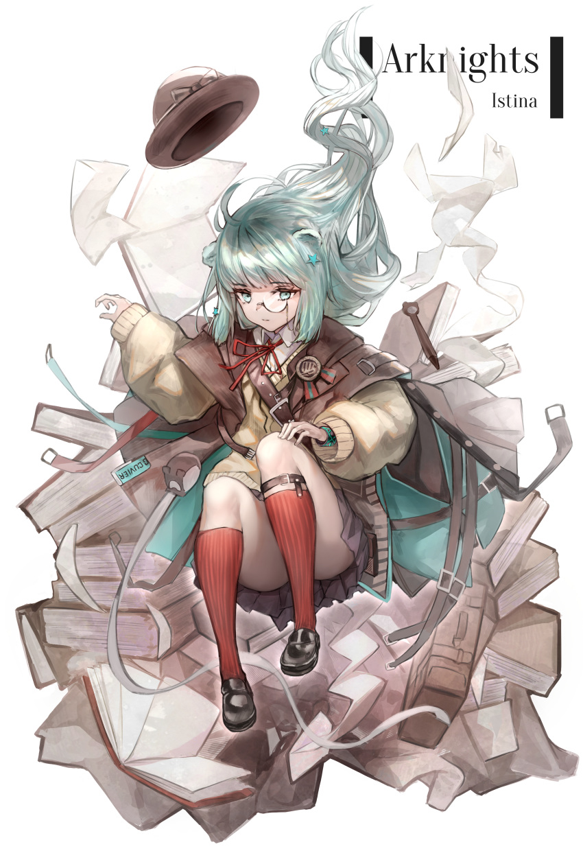 absurdres aqua_eyes aqua_hair arknights bad_id bad_pixiv_id belt book bow brown_bow brown_hat brown_skirt catumi_(ta938_ka23) character_name copyright_name female floating_hair full_body hair_ornament hat hat_bow highres istina_(arknights) kneehighs long_hair long_sleeves monocle neck_ribbon pleated_skirt red_ribbon red_socks ribbon simple_background skirt socks solo star_(symbol) star_hair_ornament striped_clothes striped_socks white_background