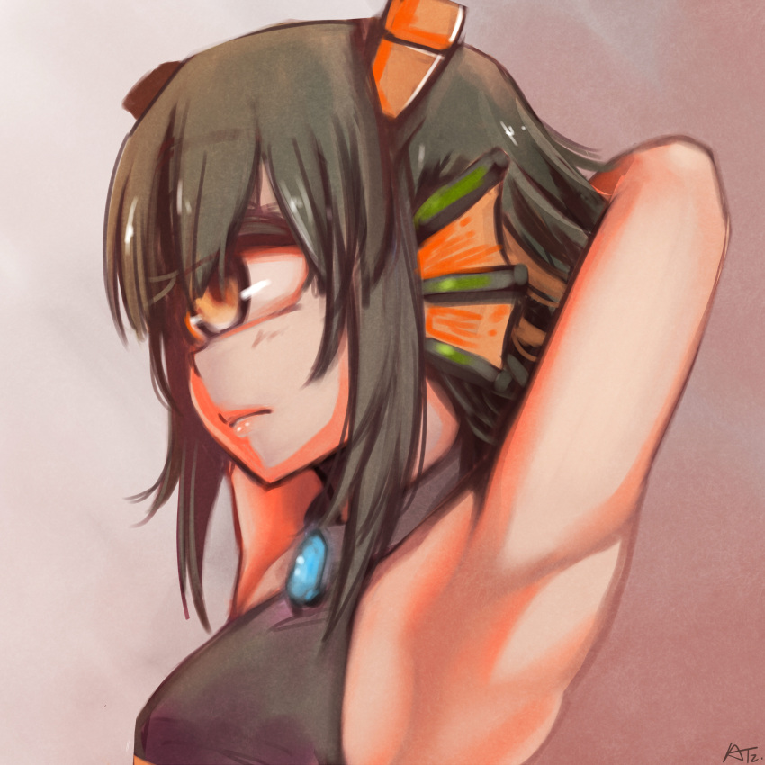 absurdres armpits arms_behind_head arms_up at2. black_hair brown_eyes closed_mouth cyclops expressionless female guardian_(minecraft) highres looking_away minecraft one-eyed personification short_hair solo